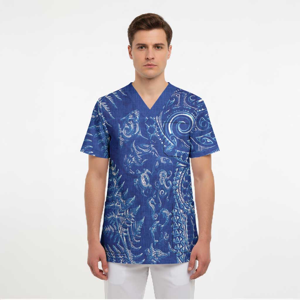 New Zealand Sea Animals Scrub Top with Maori Koru Tribal Tattoo and Silver Ferns Aquatic Style LT03 - Polynesian Pride