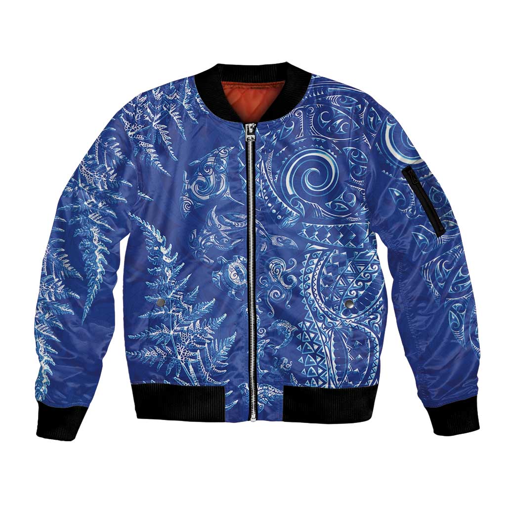 New Zealand Sea Animals Sleeve Zip Bomber Jacket with Maori Koru Tribal Tattoo and Silver Ferns Aquatic Style