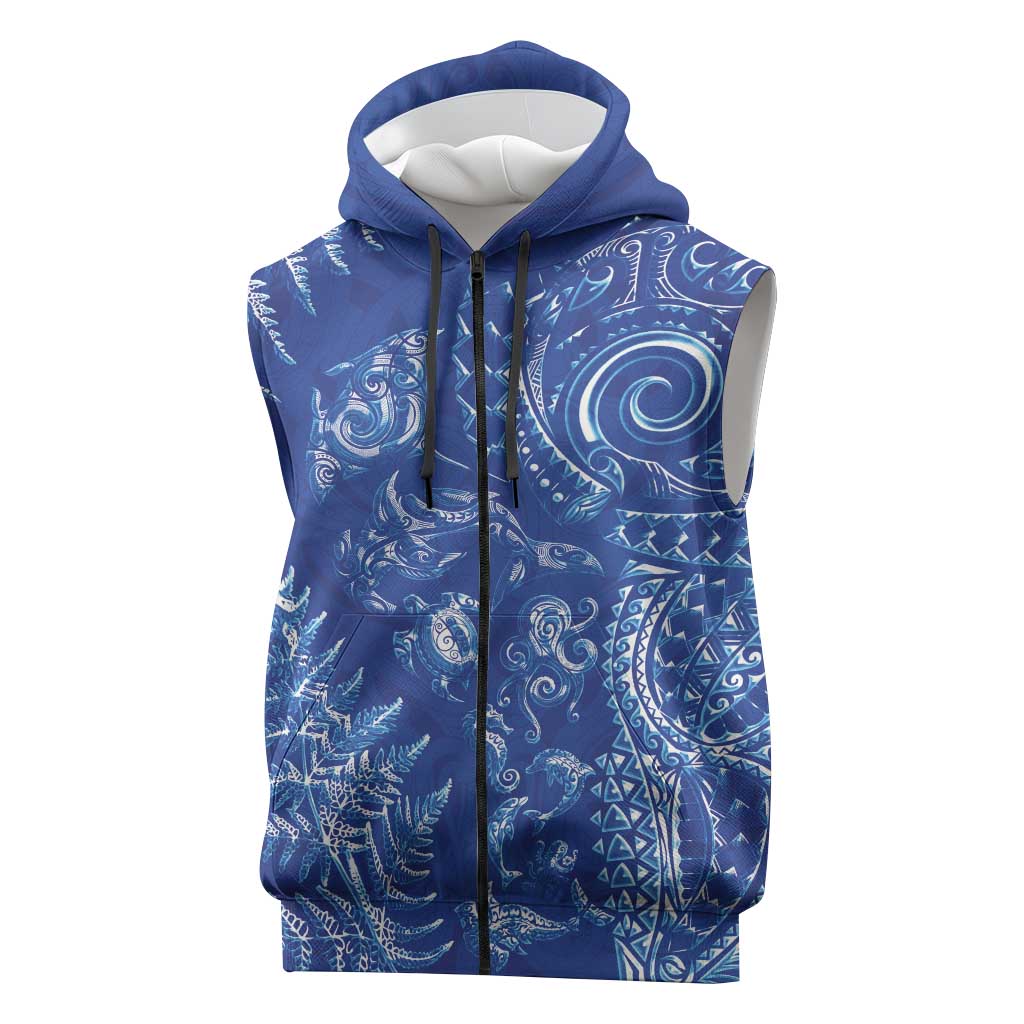 New Zealand Sea Animals Sleeveless Zip Hoodie with Maori Koru Tribal Tattoo and Silver Ferns Aquatic Style LT03 Navy - Polynesian Pride