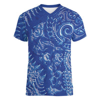 New Zealand Sea Animals Women V-Neck T-Shirt with Maori Koru Tribal Tattoo and Silver Ferns Aquatic Style LT03 Female Navy - Polynesian Pride