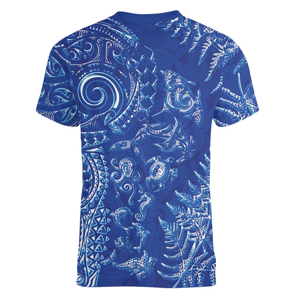 New Zealand Sea Animals Women V-Neck T-Shirt with Maori Koru Tribal Tattoo and Silver Ferns Aquatic Style LT03 - Polynesian Pride