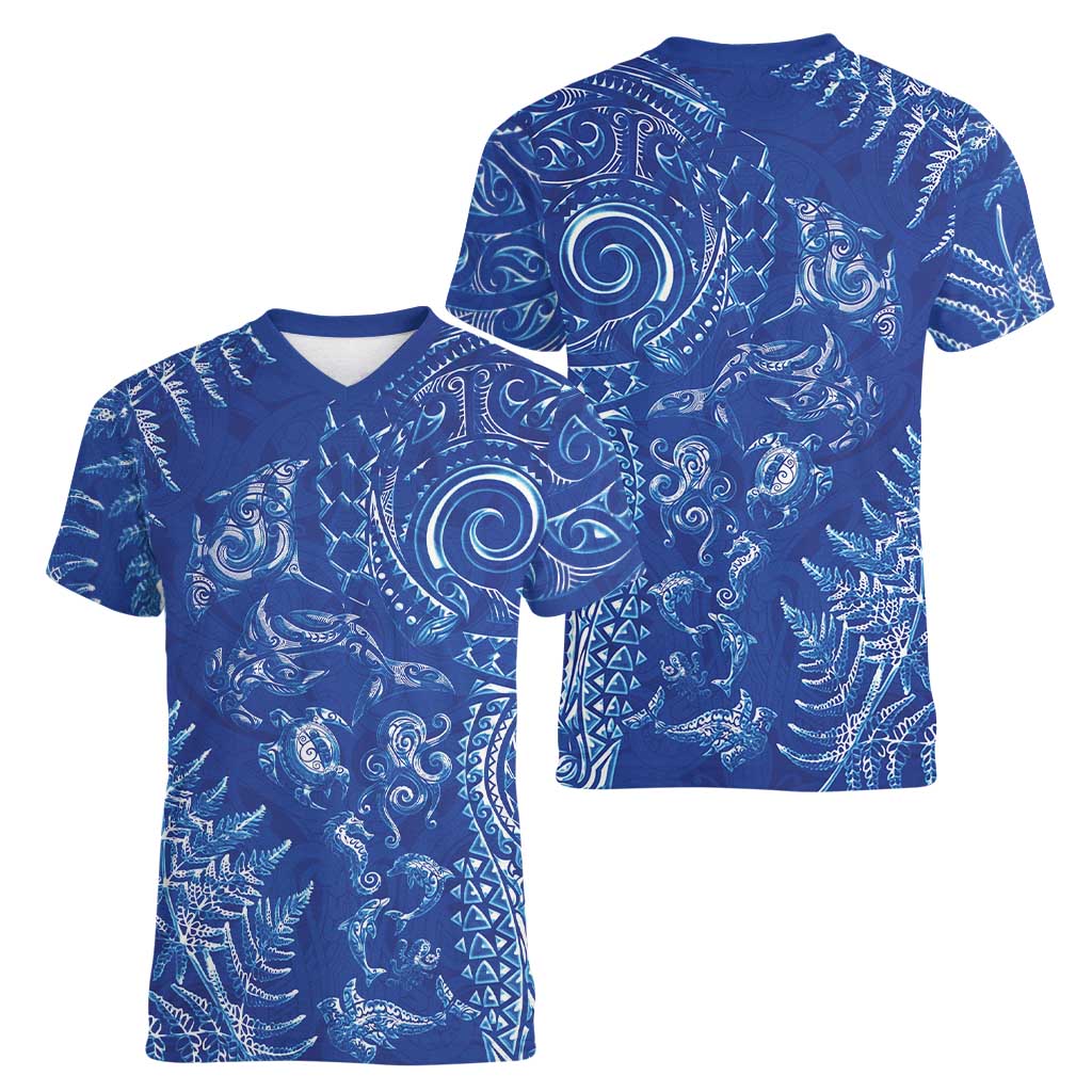 New Zealand Sea Animals Women V-Neck T-Shirt with Maori Koru Tribal Tattoo and Silver Ferns Aquatic Style LT03 - Polynesian Pride