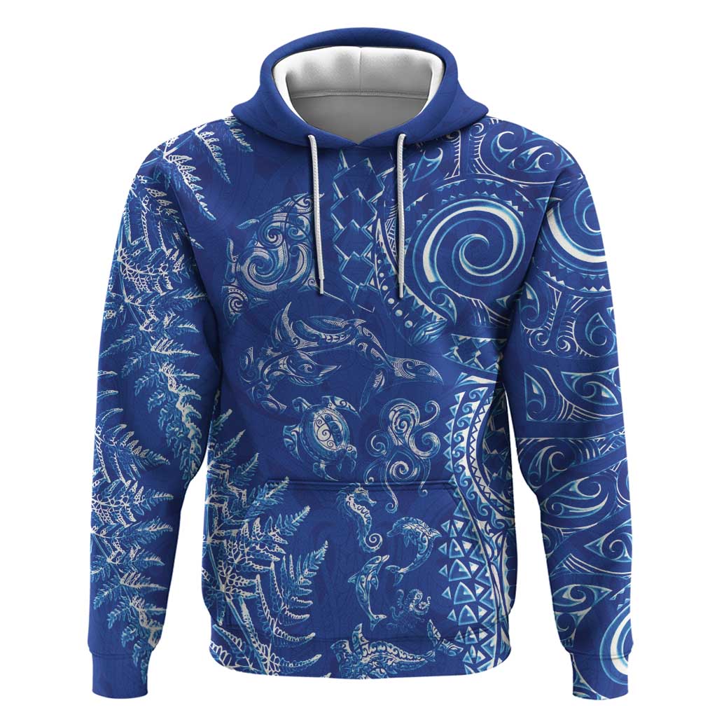 New Zealand Sea Animals Zip Hoodie with Maori Koru Tribal Tattoo and Silver Ferns Aquatic Style LT03 Pullover Hoodie Navy - Polynesian Pride