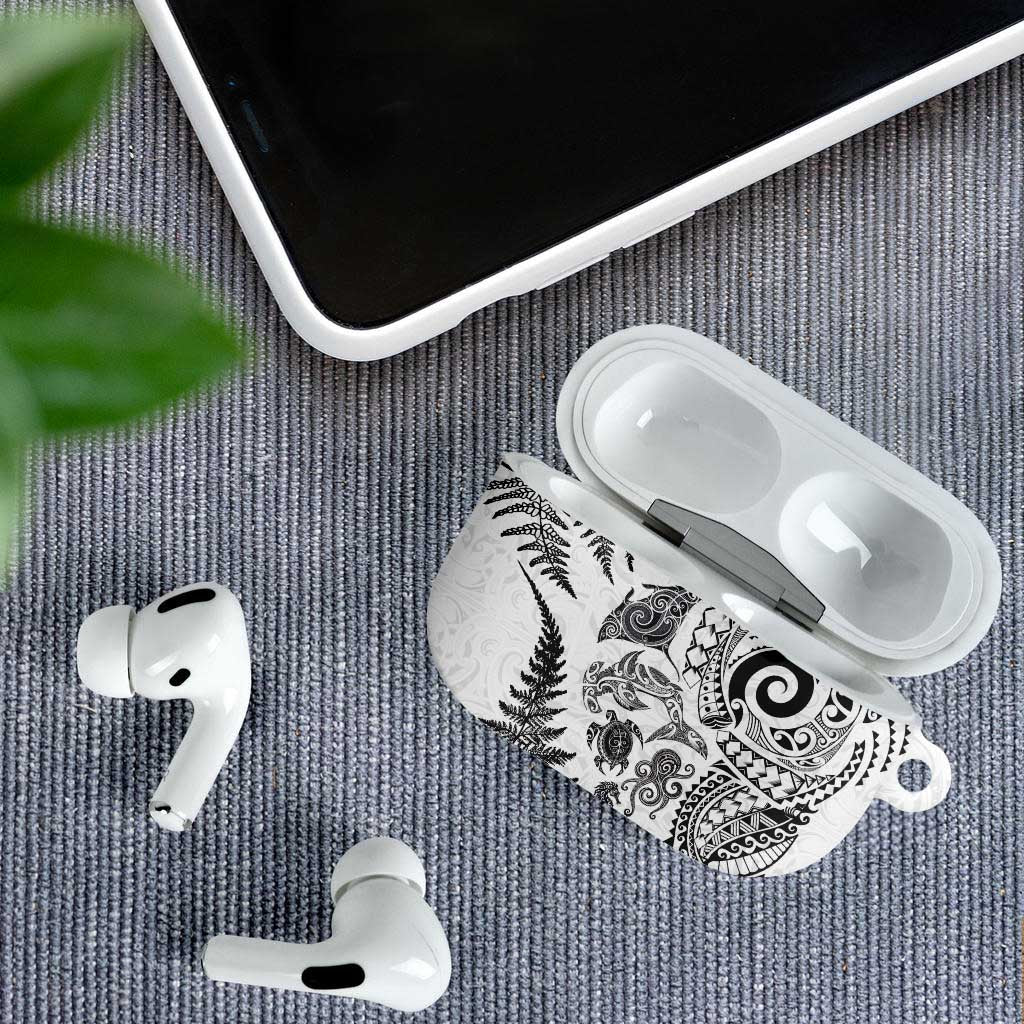 New Zealand Sea Animals AirPods Case with Maori Koru Tribal Tattoo and Silver Ferns White Color LT03 - Polynesian Pride