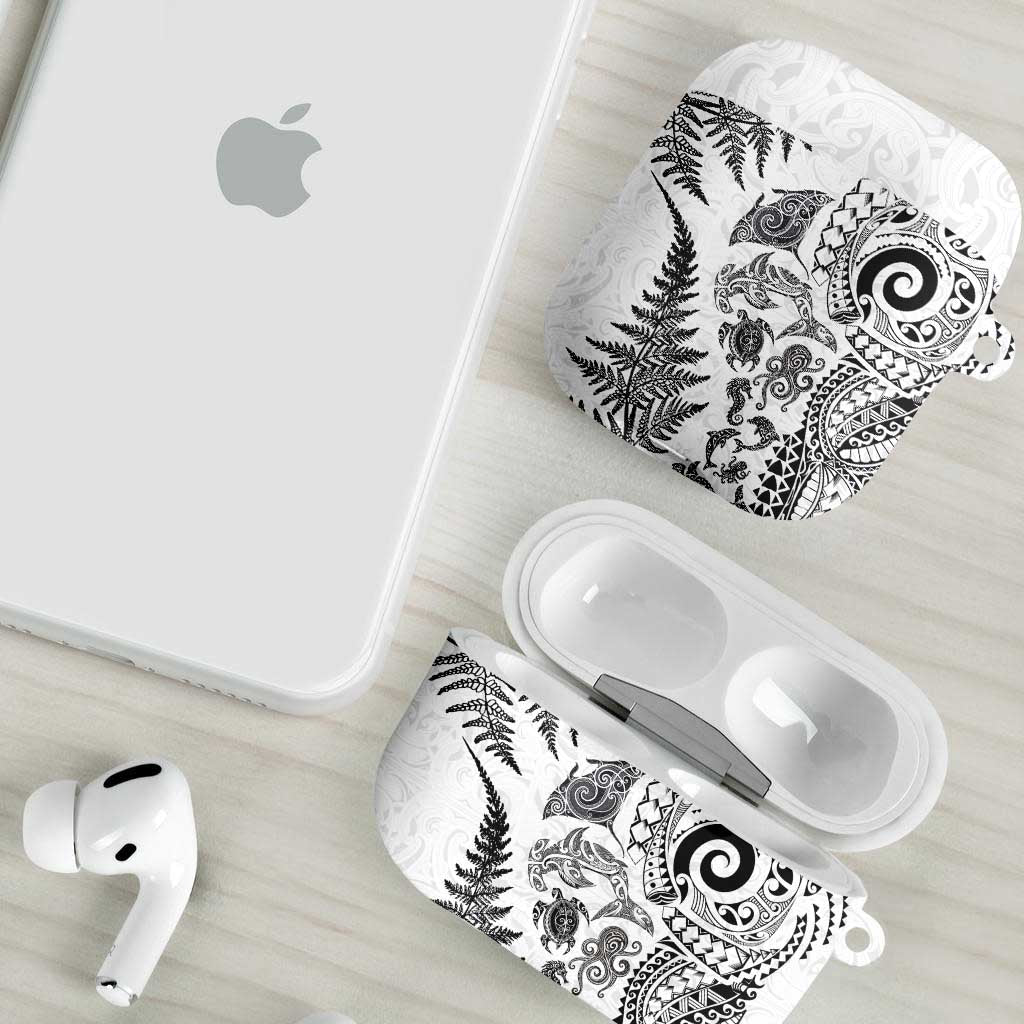 New Zealand Sea Animals AirPods Case with Maori Koru Tribal Tattoo and Silver Ferns White Color LT03 - Polynesian Pride