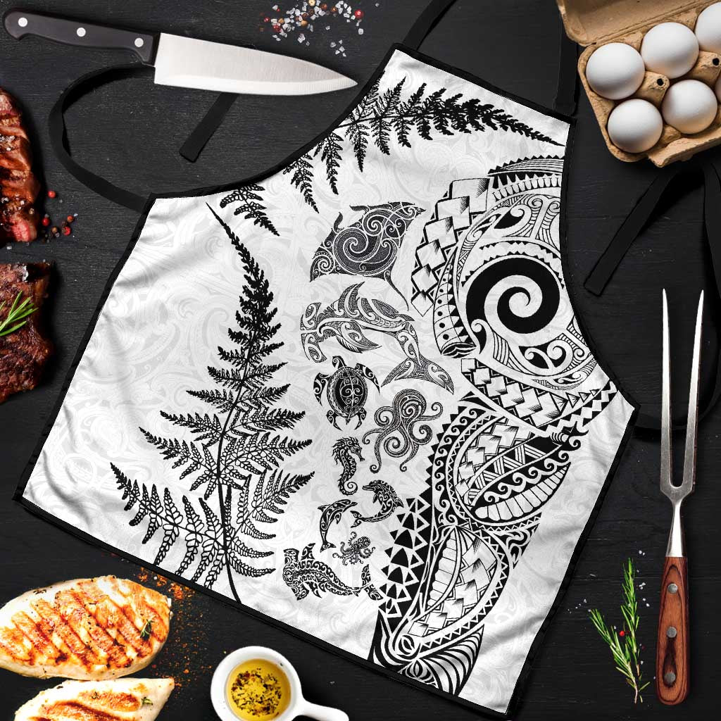 New Zealand Sea Animals Apron with Maori Koru Tribal Tattoo and Silver Ferns White Color LT03 White - Polynesian Pride
