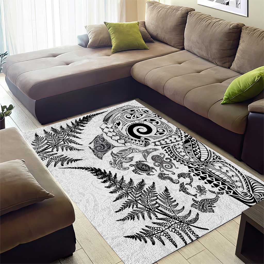 New Zealand Sea Animals Area Rug with Maori Koru Tribal Tattoo and Silver Ferns White Color LT03 - Polynesian Pride