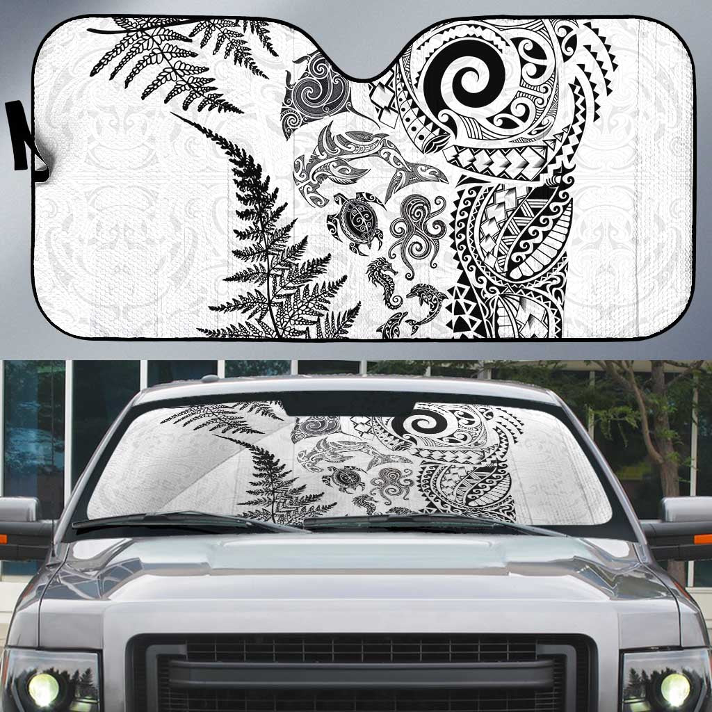 New Zealand Sea Animals Auto Sun Shade with Maori Koru Tribal Tattoo and Silver Ferns White Color