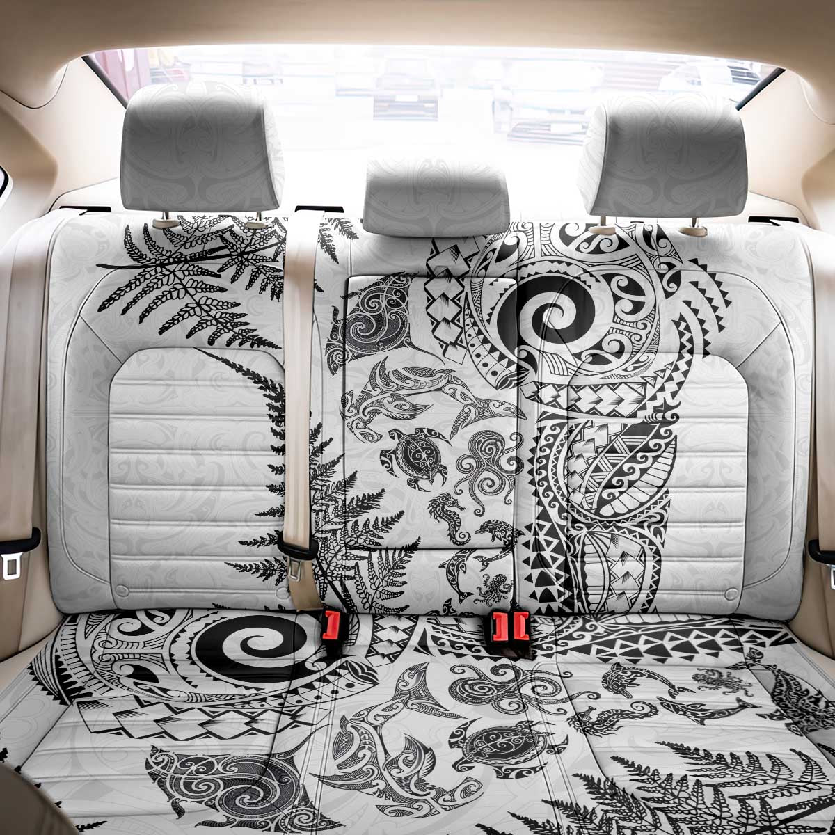 New Zealand Sea Animals Back Car Seat Cover with Maori Koru Tribal Tattoo and Silver Ferns White Color LT03 - Polynesian Pride