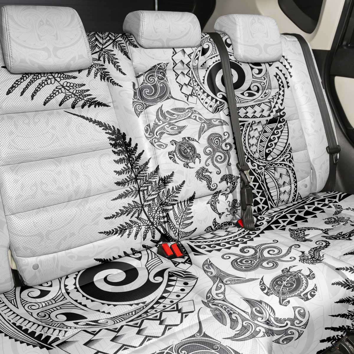 New Zealand Sea Animals Back Car Seat Cover with Maori Koru Tribal Tattoo and Silver Ferns White Color LT03 - Polynesian Pride