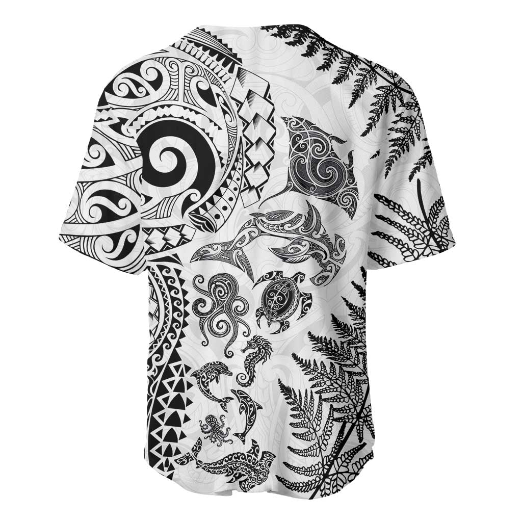 New Zealand Sea Animals Baseball Jersey with Maori Koru Tribal Tattoo and Silver Ferns White Color LT03 - Polynesian Pride