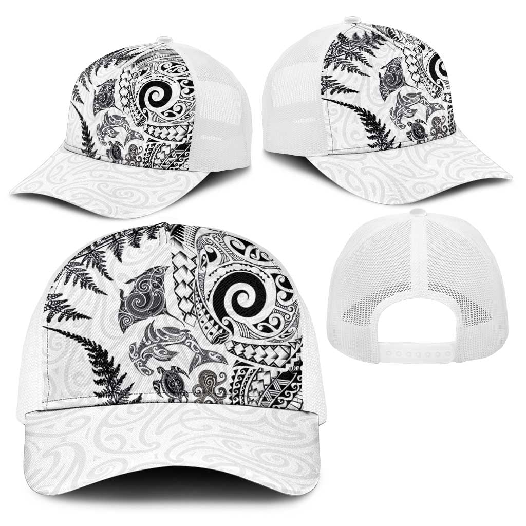 New Zealand Sea Animals Baseball Net Cap with Maori Koru Tribal Tattoo and Silver Ferns White Color LT03 - Polynesian Pride