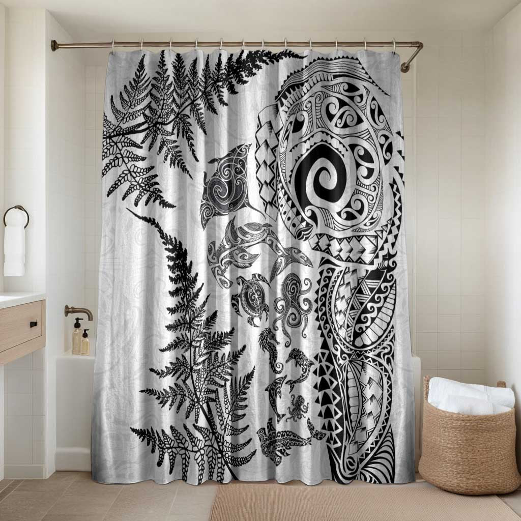 New Zealand Sea Animals Bathroom Set with Maori Koru Tribal Tattoo and Silver Ferns White Color LT03 Shower Curtain Only White - Polynesian Pride