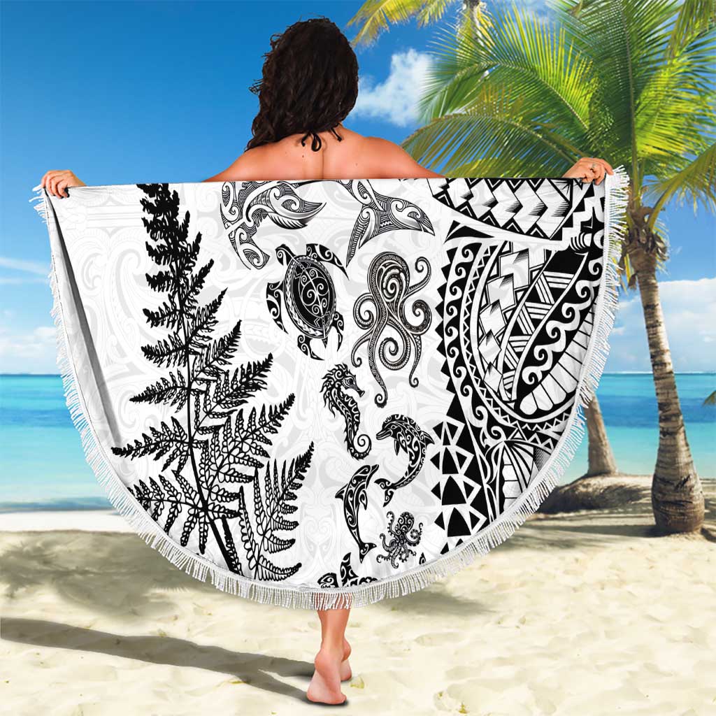 New Zealand Sea Animals Beach Blanket with Maori Koru Tribal Tattoo and Silver Ferns White Color LT03 - Polynesian Pride