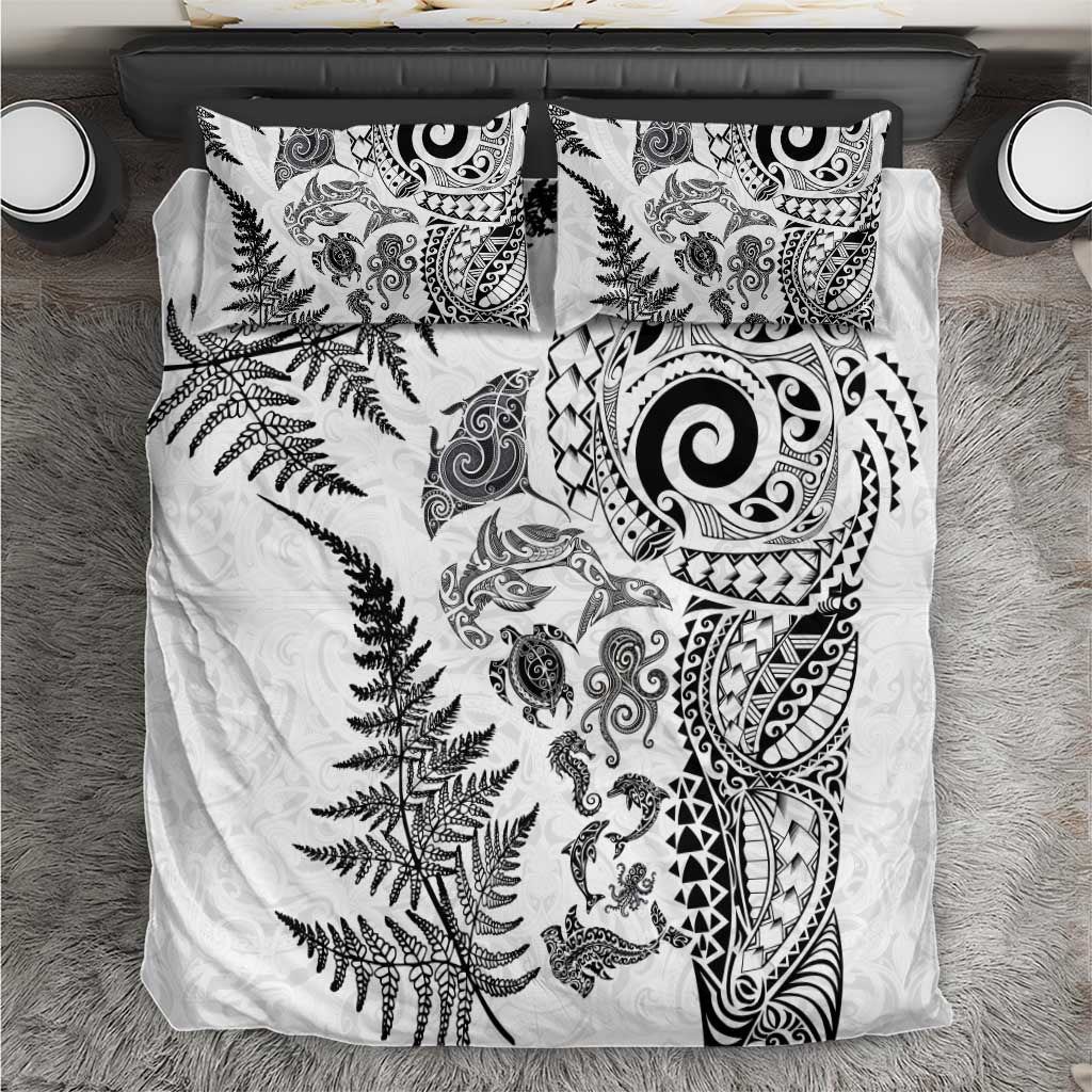 New Zealand Sea Animals Bedding Set with Maori Koru Tribal Tattoo and Silver Ferns White Color LT03 White - Polynesian Pride