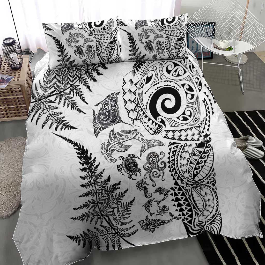 New Zealand Sea Animals Bedding Set with Maori Koru Tribal Tattoo and Silver Ferns White Color LT03 - Polynesian Pride