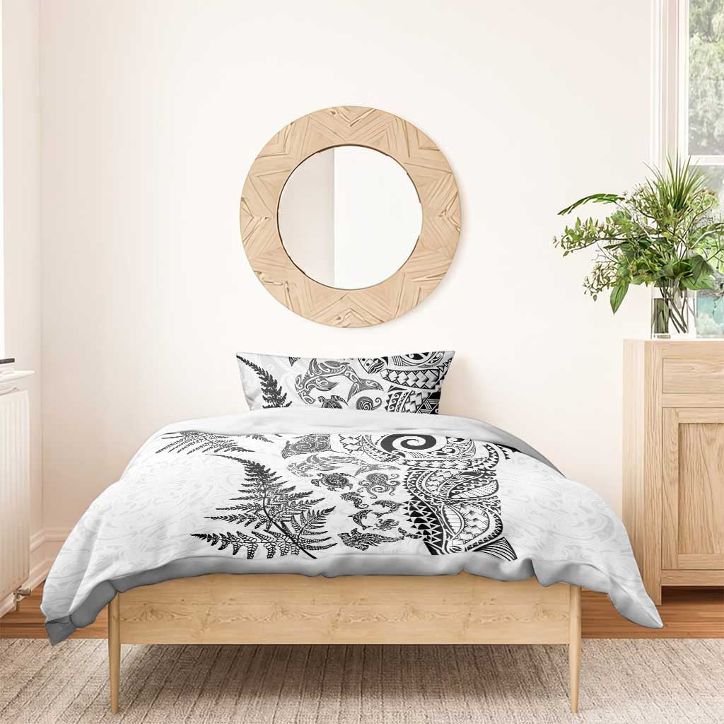 New Zealand Sea Animals Bedding Set with Maori Koru Tribal Tattoo and Silver Ferns White Color LT03 - Polynesian Pride