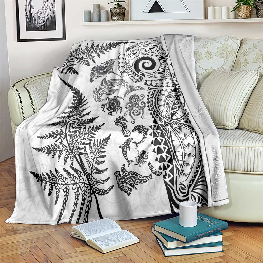 New Zealand Sea Animals Blanket with Maori Koru Tribal Tattoo and Silver Ferns White Color LT03 White - Polynesian Pride