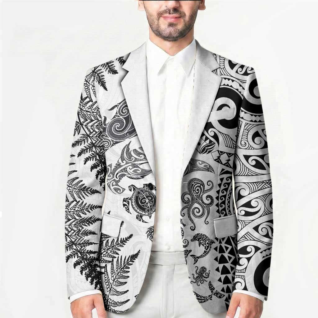 New Zealand Sea Animals Blazer with Maori Koru Tribal Tattoo and Silver Ferns White Color LT03 - Polynesian Pride