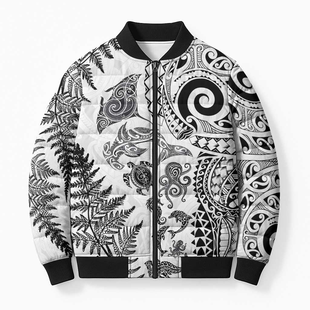 New Zealand Sea Animals Bomber Puffer Jacket with Maori Koru Tribal Tattoo and Silver Ferns White Color LT03 Unisex White - Polynesian Pride