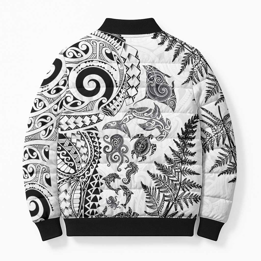 New Zealand Sea Animals Bomber Puffer Jacket with Maori Koru Tribal Tattoo and Silver Ferns White Color LT03 - Polynesian Pride
