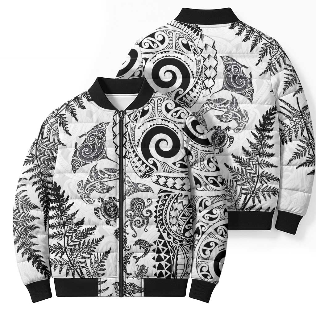 New Zealand Sea Animals Bomber Puffer Jacket with Maori Koru Tribal Tattoo and Silver Ferns White Color LT03 - Polynesian Pride