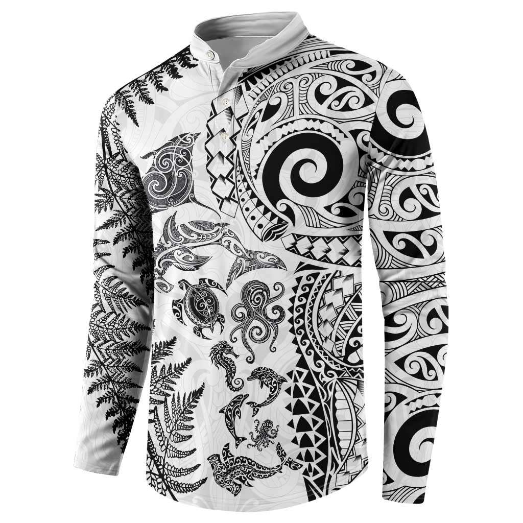 New Zealand Sea Animals Button Sweatshirt with Maori Koru Tribal Tattoo and Silver Ferns White Color LT03 - Polynesian Pride