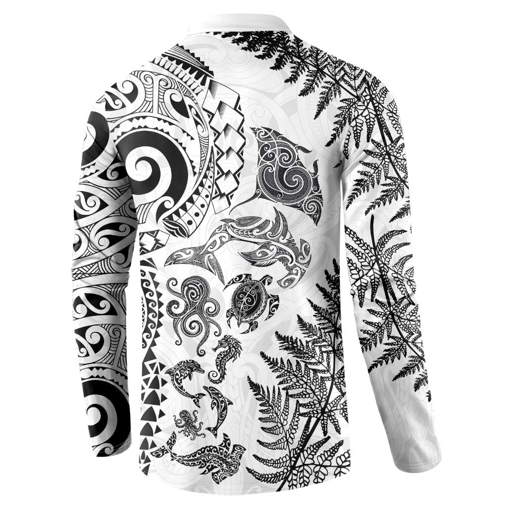 New Zealand Sea Animals Button Sweatshirt with Maori Koru Tribal Tattoo and Silver Ferns White Color LT03 - Polynesian Pride