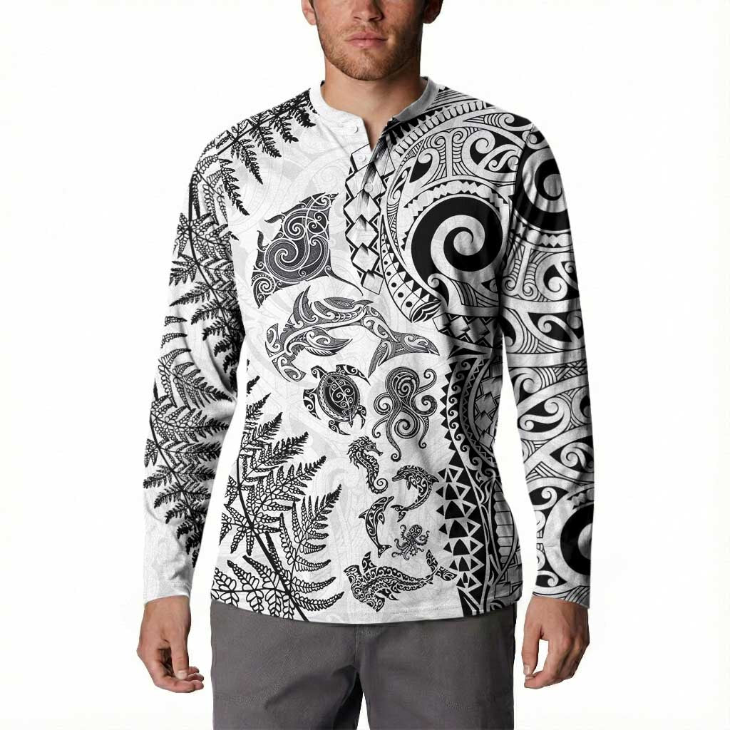 New Zealand Sea Animals Button Sweatshirt with Maori Koru Tribal Tattoo and Silver Ferns White Color LT03 - Polynesian Pride