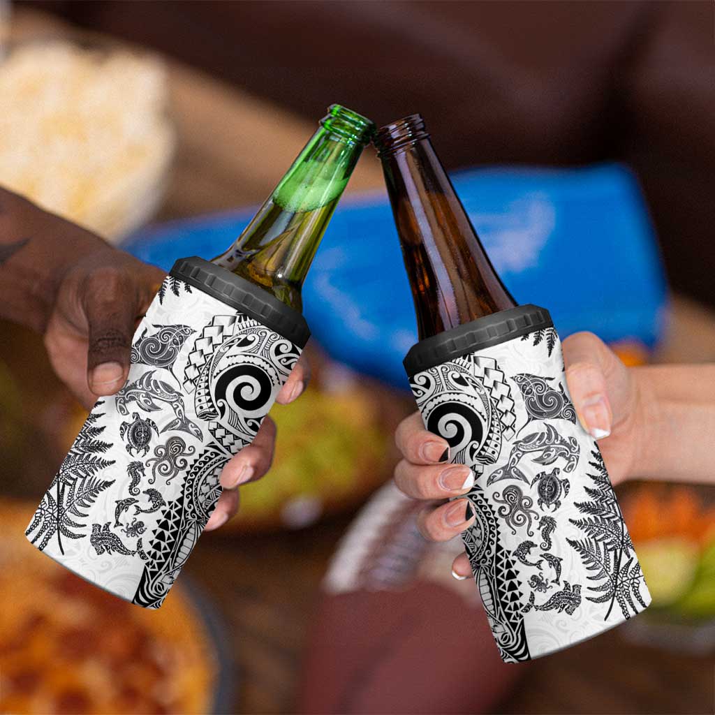 New Zealand Sea Animals 4 in 1 Can Cooler Tumbler with Maori Koru Tribal Tattoo and Silver Ferns White Color LT03 - Polynesian Pride