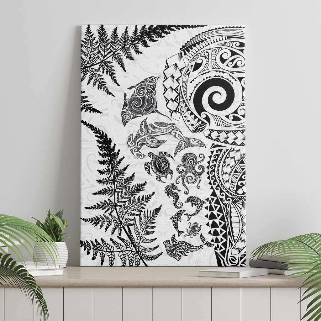 New Zealand Sea Animals Canvas Wall Art with Maori Koru Tribal Tattoo and Silver Ferns White Color LT03 - Polynesian Pride