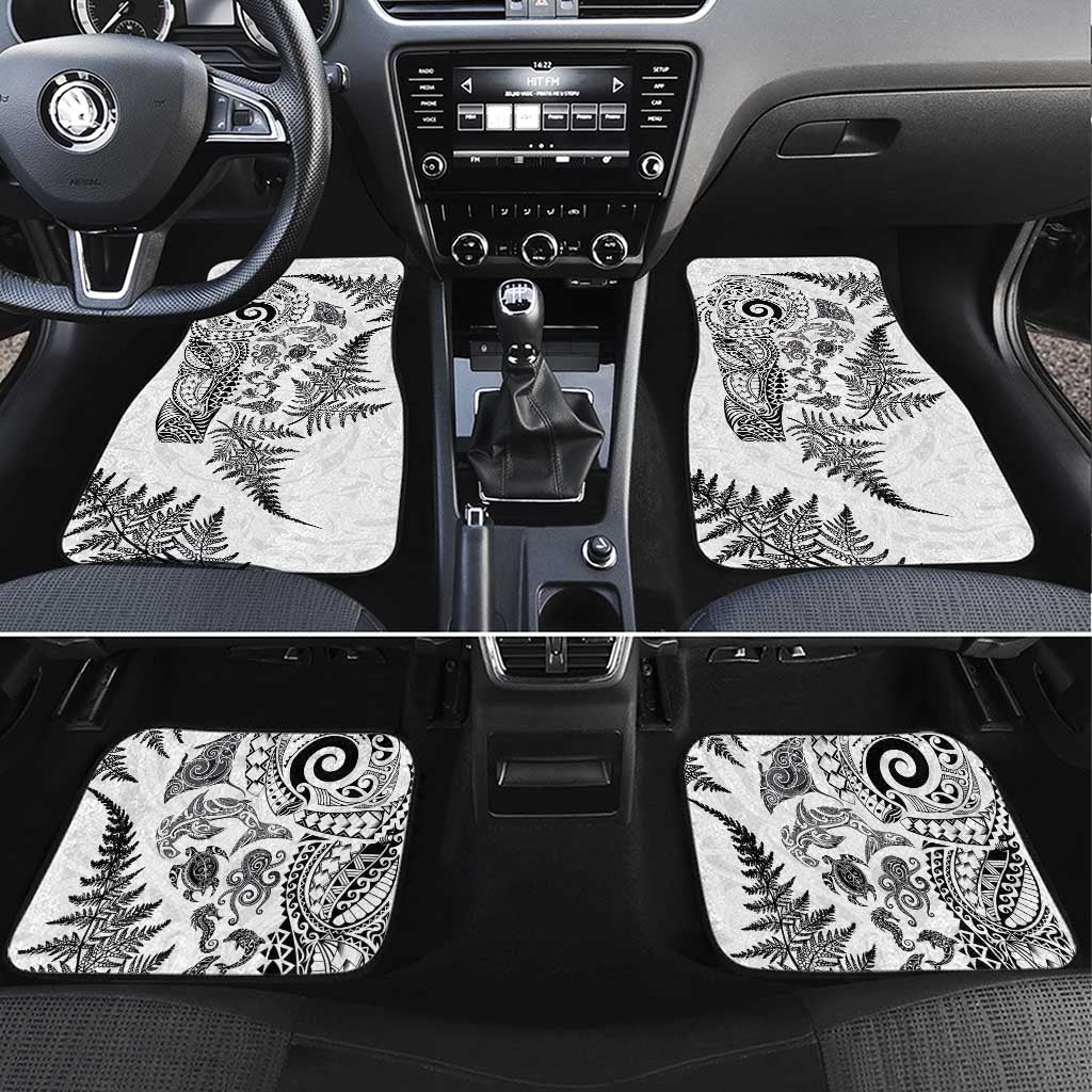 New Zealand Sea Animals Car Mats with Maori Koru Tribal Tattoo and Silver Ferns White Color LT03 Set 4pcs White - Polynesian Pride
