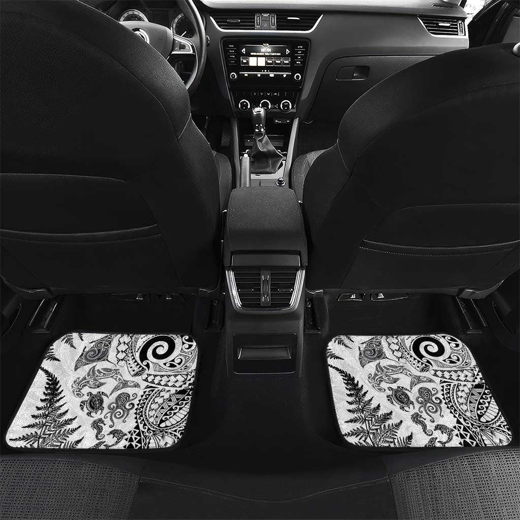 New Zealand Sea Animals Car Mats with Maori Koru Tribal Tattoo and Silver Ferns White Color LT03 Set 2pcs - Back White - Polynesian Pride