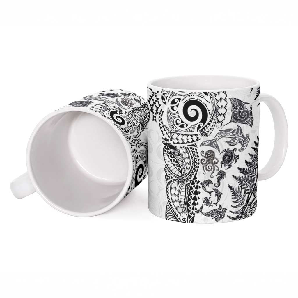 New Zealand Sea Animals Ceramic Mug with Maori Koru Tribal Tattoo and Silver Ferns White Color LT03 - Polynesian Pride