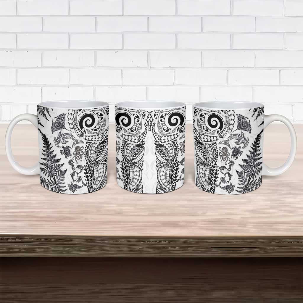 New Zealand Sea Animals Ceramic Mug with Maori Koru Tribal Tattoo and Silver Ferns White Color LT03 - Polynesian Pride