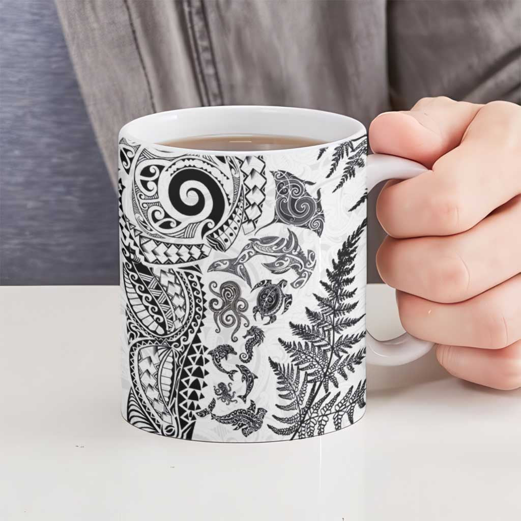 New Zealand Sea Animals Ceramic Mug with Maori Koru Tribal Tattoo and Silver Ferns White Color LT03 - Polynesian Pride