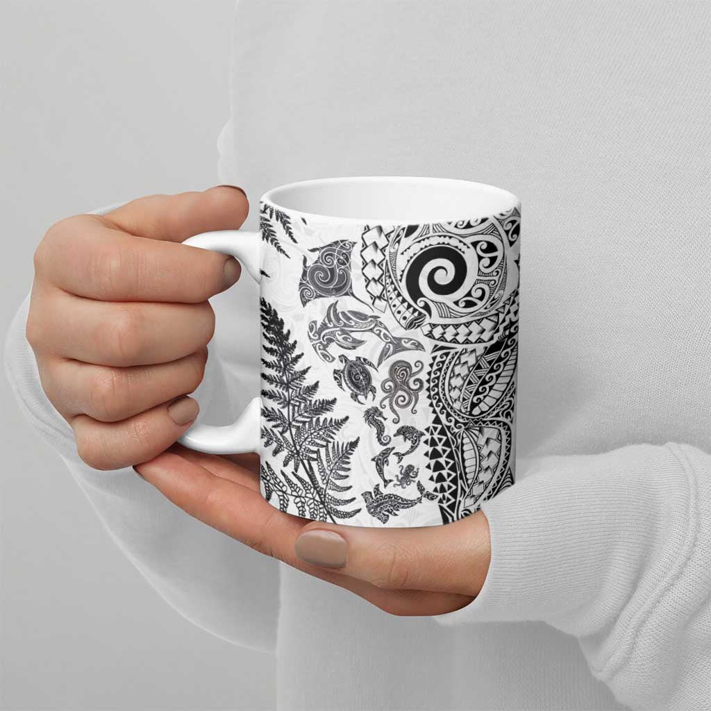New Zealand Sea Animals Ceramic Mug with Maori Koru Tribal Tattoo and Silver Ferns White Color LT03 - Polynesian Pride