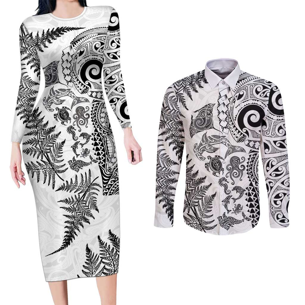 New Zealand Sea Animals Couples Matching Long Sleeve Bodycon Dress and Long Sleeve Button Shirt with Maori Koru Tribal Tattoo and Silver Ferns White Color
