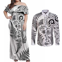 New Zealand Sea Animals Couples Matching Off Shoulder Maxi Dress and Long Sleeve Button Shirt with Maori Koru Tribal Tattoo and Silver Ferns White Color LT03 White - Polynesian Pride
