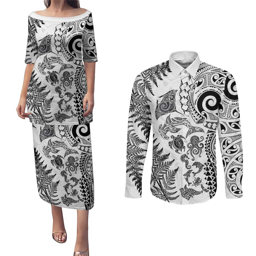 New Zealand Sea Animals Couples Matching Puletasi and Long Sleeve Button Shirt with Maori Koru Tribal Tattoo and Silver Ferns White Color LT03 White - Polynesian Pride