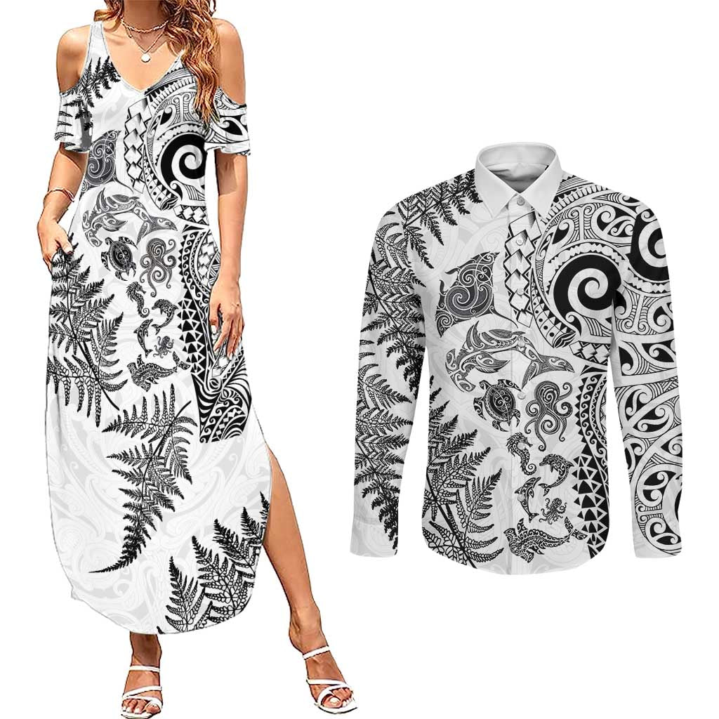 New Zealand Sea Animals Couples Matching Summer Maxi Dress and Long Sleeve Button Shirt with Maori Koru Tribal Tattoo and Silver Ferns White Color