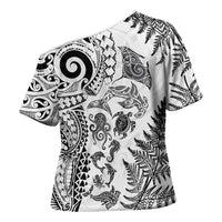 New Zealand Sea Animals Cross Shoulder Shirt with Maori Koru Tribal Tattoo and Silver Ferns White Color LT03 - Polynesian Pride