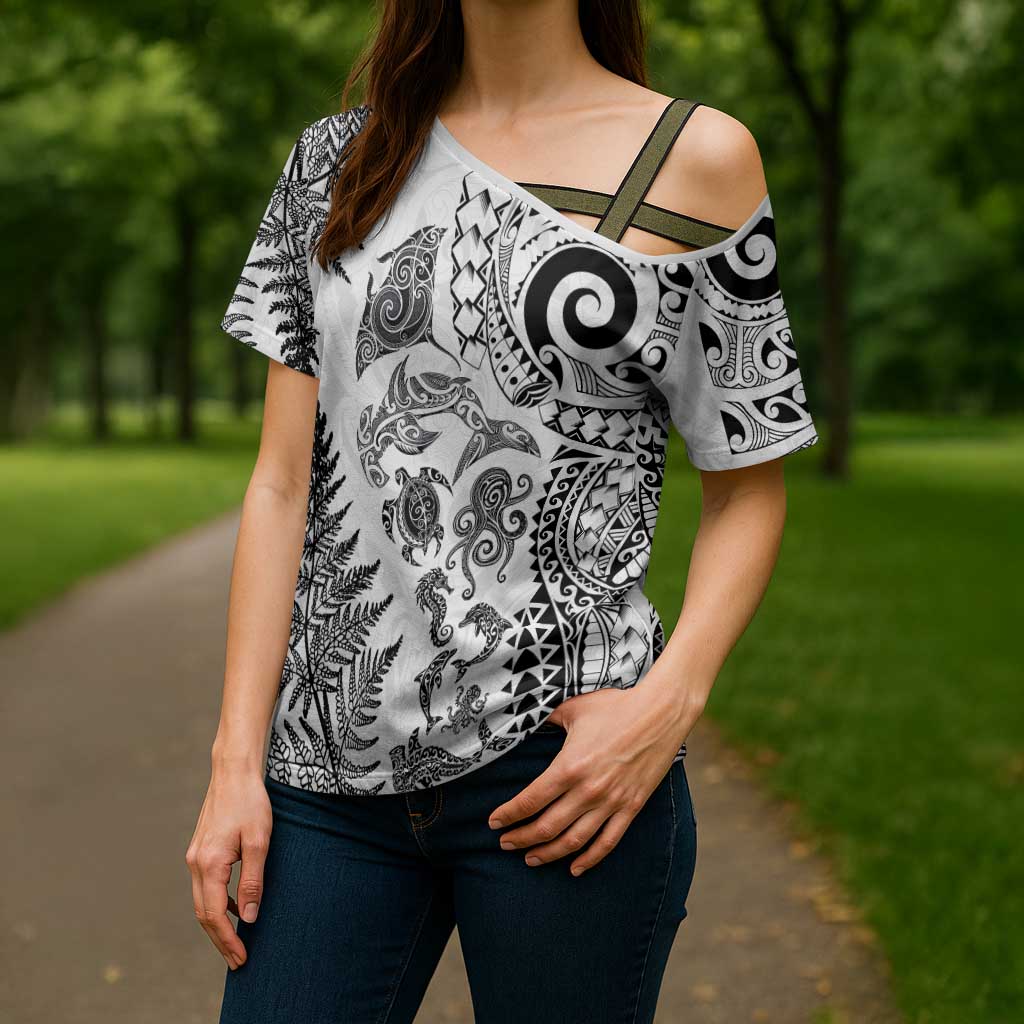 New Zealand Sea Animals Cross Shoulder Shirt with Maori Koru Tribal Tattoo and Silver Ferns White Color LT03 - Polynesian Pride