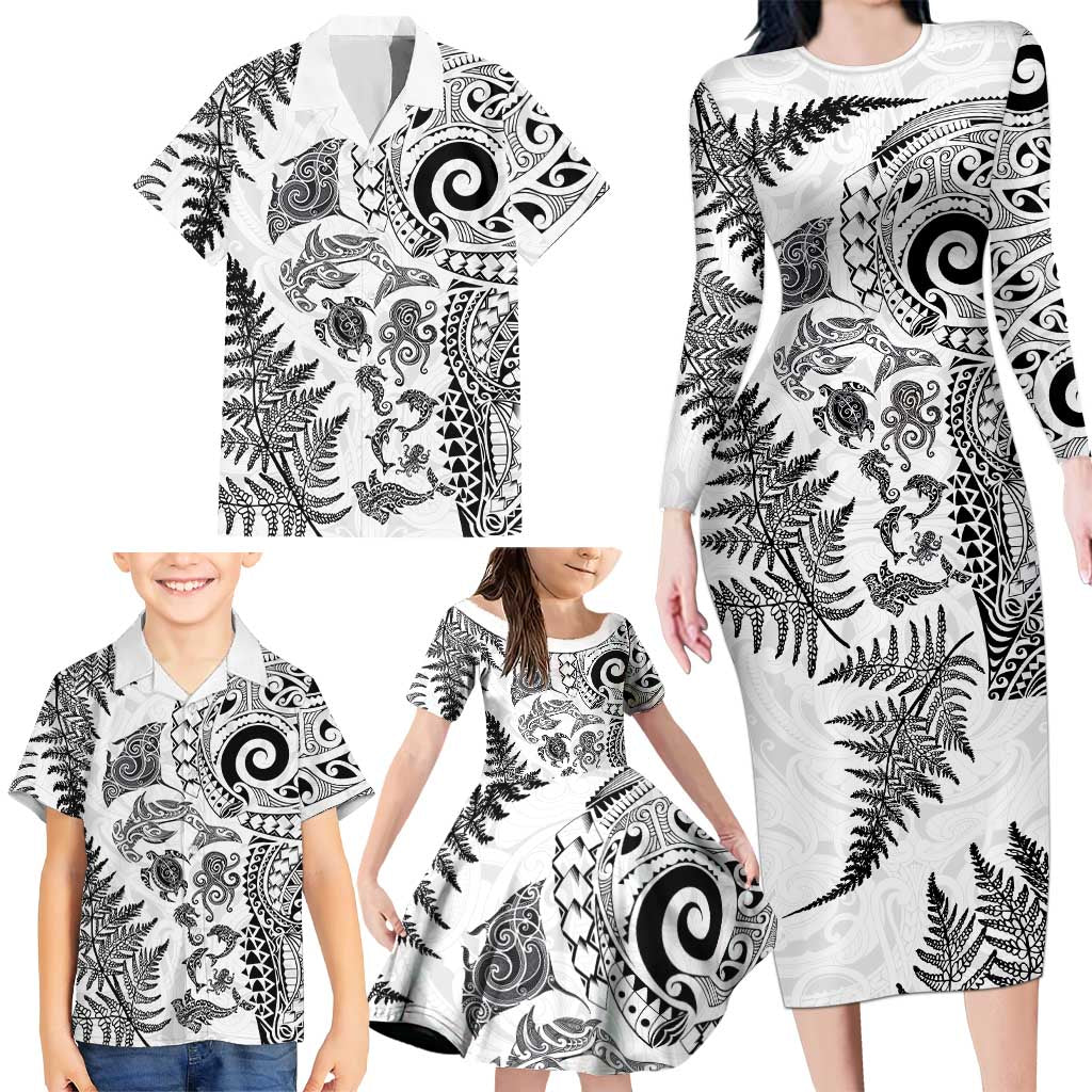New Zealand Sea Animals Family Matching Long Sleeve Bodycon Dress and Hawaiian Shirt with Maori Koru Tribal Tattoo and Silver Ferns White Color LT03 - Polynesian Pride
