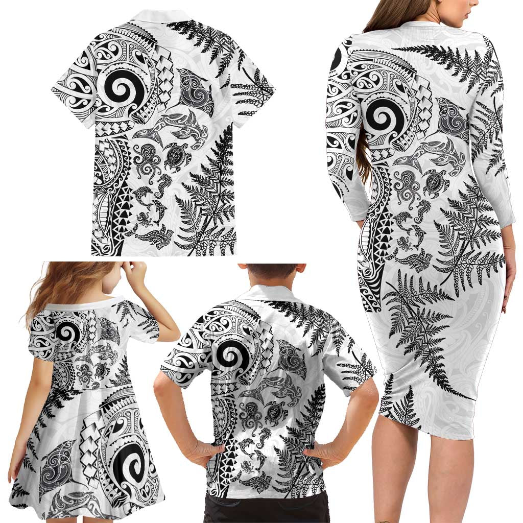 New Zealand Sea Animals Family Matching Long Sleeve Bodycon Dress and Hawaiian Shirt with Maori Koru Tribal Tattoo and Silver Ferns White Color LT03 - Polynesian Pride