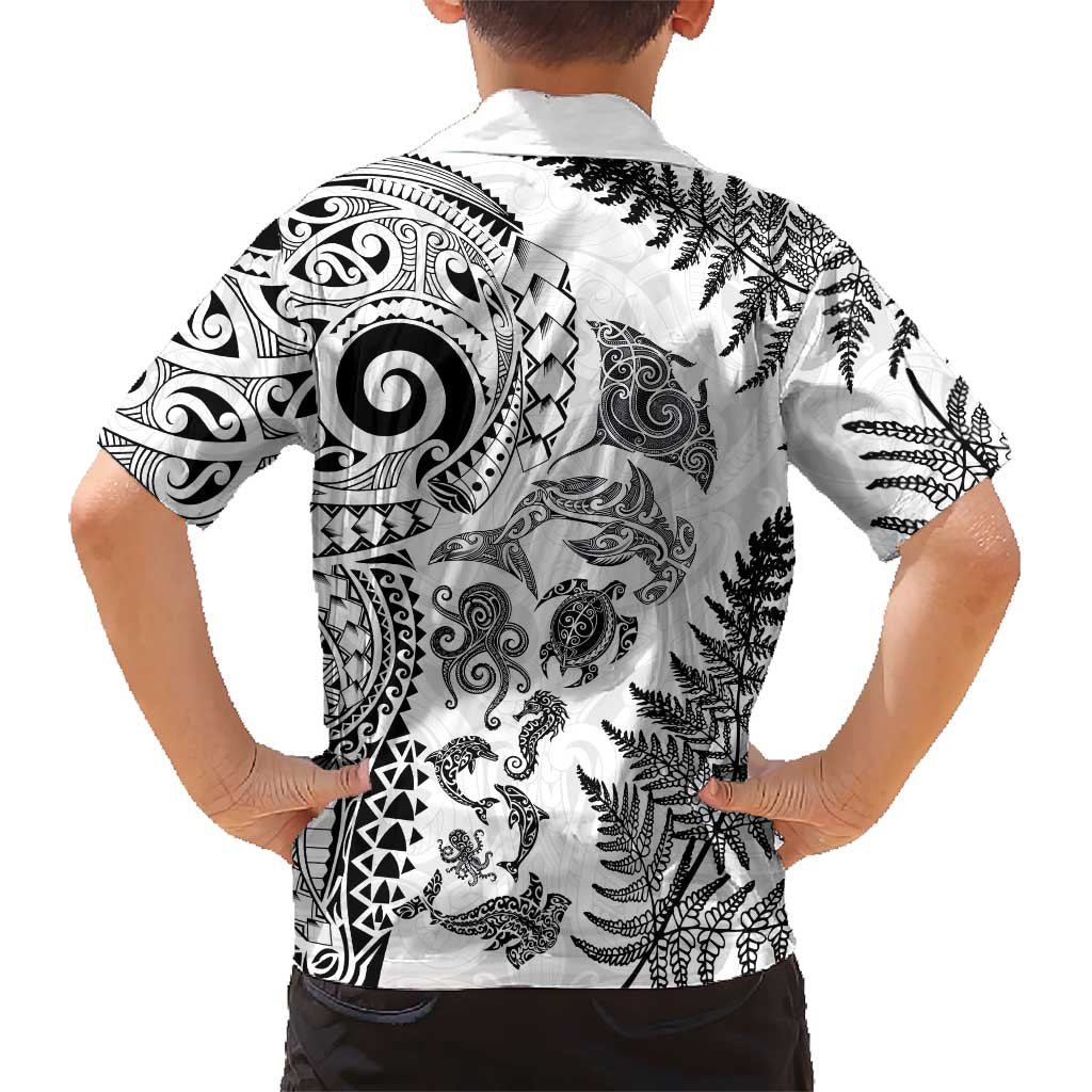 New Zealand Sea Animals Family Matching Off The Shoulder Long Sleeve Dress and Hawaiian Shirt with Maori Koru Tribal Tattoo and Silver Ferns White Color LT03 - Polynesian Pride