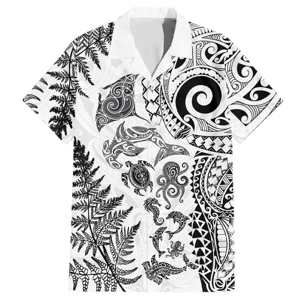 New Zealand Sea Animals Family Matching Off The Shoulder Long Sleeve Dress and Hawaiian Shirt with Maori Koru Tribal Tattoo and Silver Ferns White Color LT03 Dad's Shirt - Short Sleeve White - Polynesian Pride