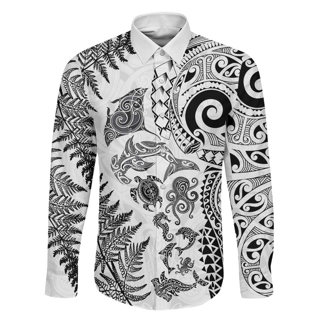 New Zealand Sea Animals Family Matching Tank Maxi Dress and Hawaiian Shirt with Maori Koru Tribal Tattoo and Silver Ferns White Color LT03 Dad's Shirt - Long Sleeve White - Polynesian Pride