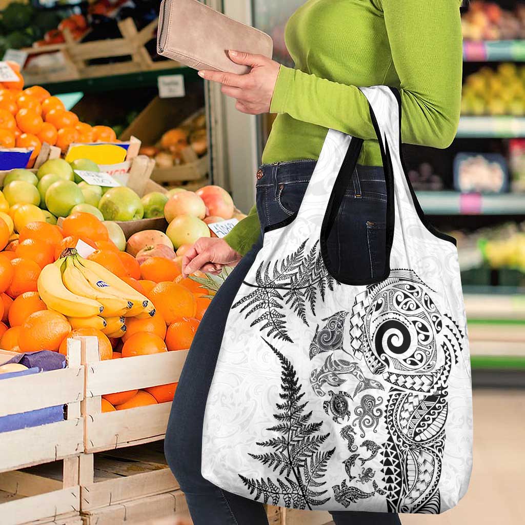 New Zealand Sea Animals Grocery Bag with Maori Koru Tribal Tattoo and Silver Ferns White Color LT03 - Polynesian Pride