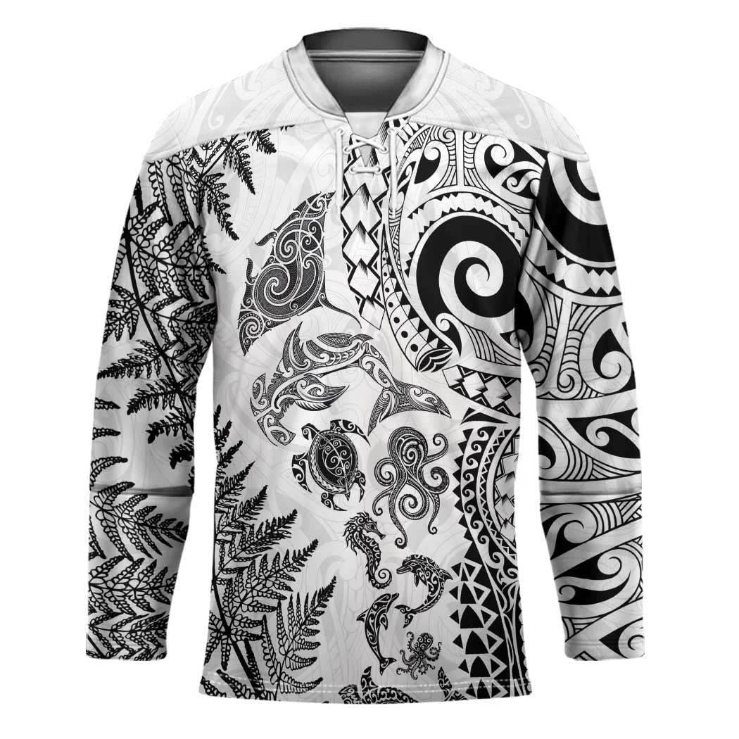 New Zealand Sea Animals Hockey Jersey with Maori Koru Tribal Tattoo and Silver Ferns White Color